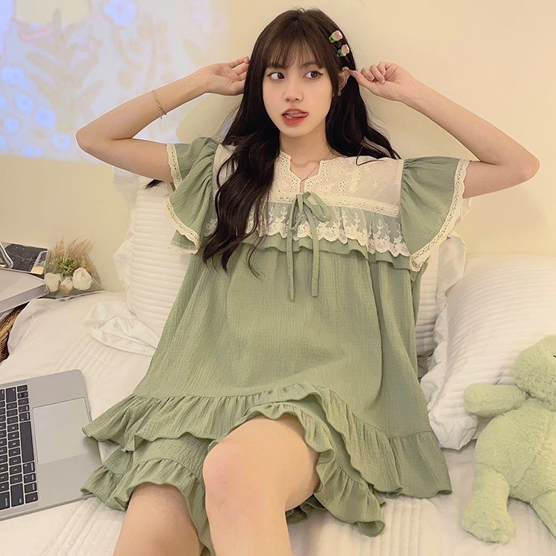 Bộ Đồ Ngủ Tay Ngắn Phối Ren Dễ Thương Thời Trang Mùa Hè 2023 Cho Bạn Gái