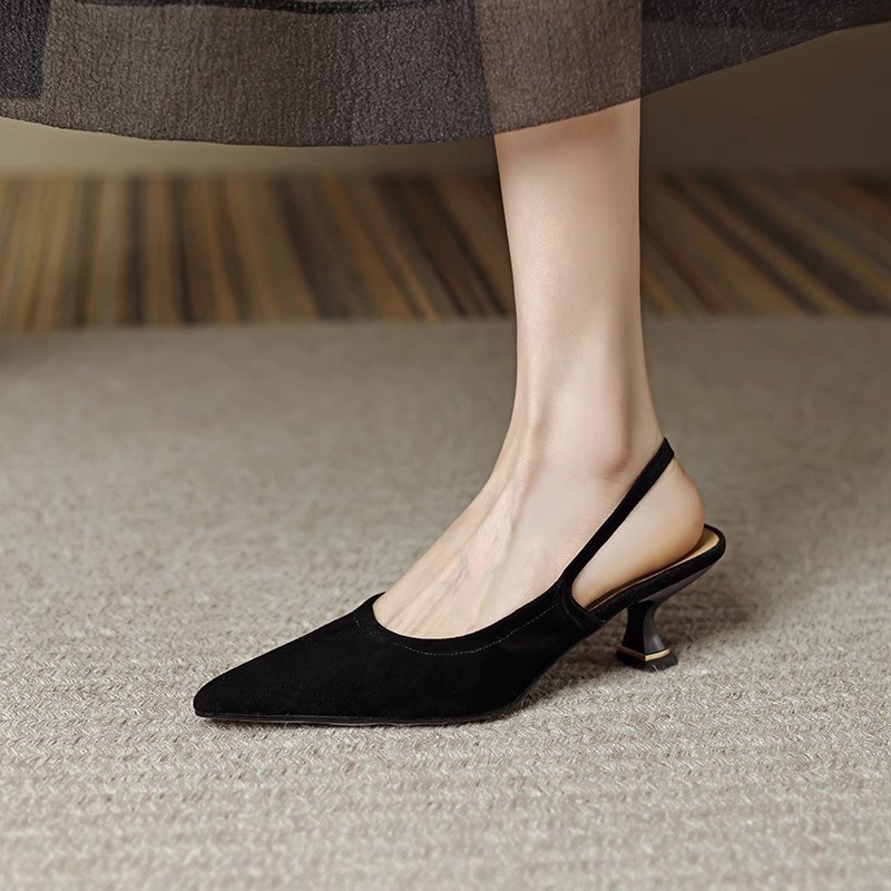 Duoya Giày Cao Gót Da Mềm Mũi Nhọn Miệng Nông Hở Ngón Đế Mềm Cho Nữ Miễn Phí Vận Chuyển