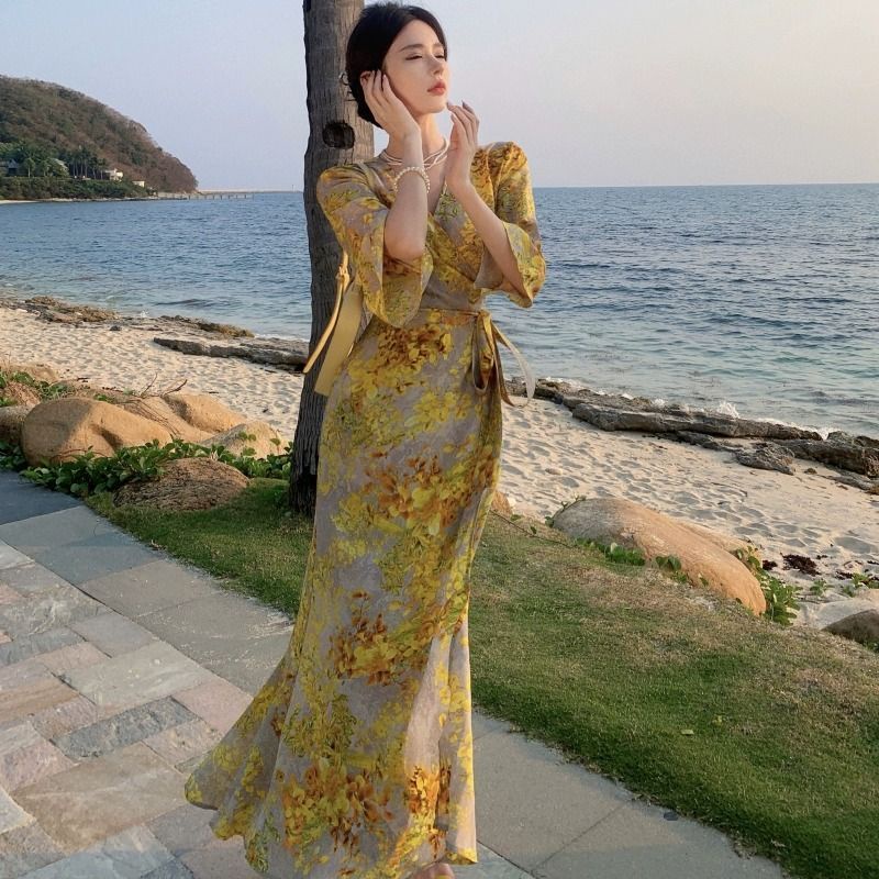 Đầm Dáng Ôm In Họa Tiết COZOK Phong Cách Cổ Điển Thời Trang Xinh Xắn Cho Nữ