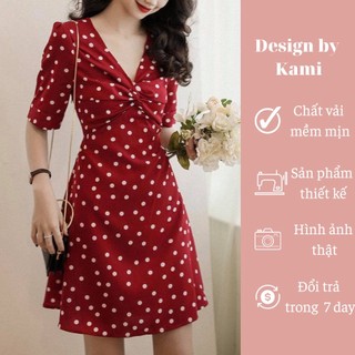 Váy chấm bi đỏ dáng ngắn cổ V xoắn ngực size S M L- Design by Kami