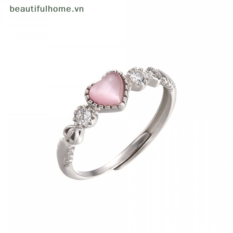 Nhẫn Bạc Đính Đá Opal Hình Trái Tim Màu Hồng Phong Cách Punk Dễ Thương Sáng Tạo Dành Cho Nữ