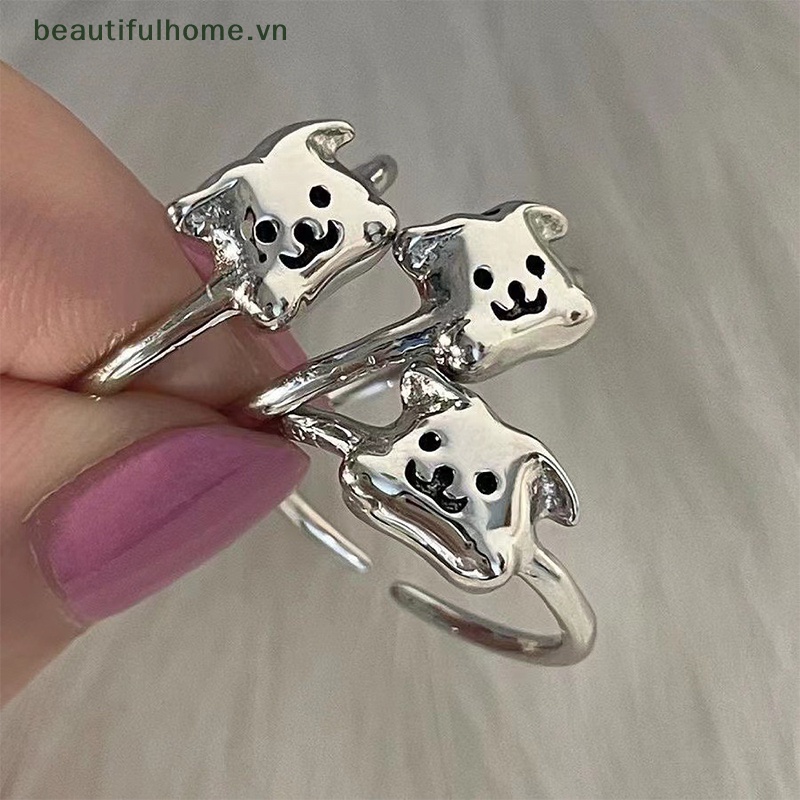 Nhẫn Dạng Mở Màu Bạc Họa Tiết Chú Chó Hoạt Hình Dễ Thương Có Thể Điều Chỉnh Cho Nữ