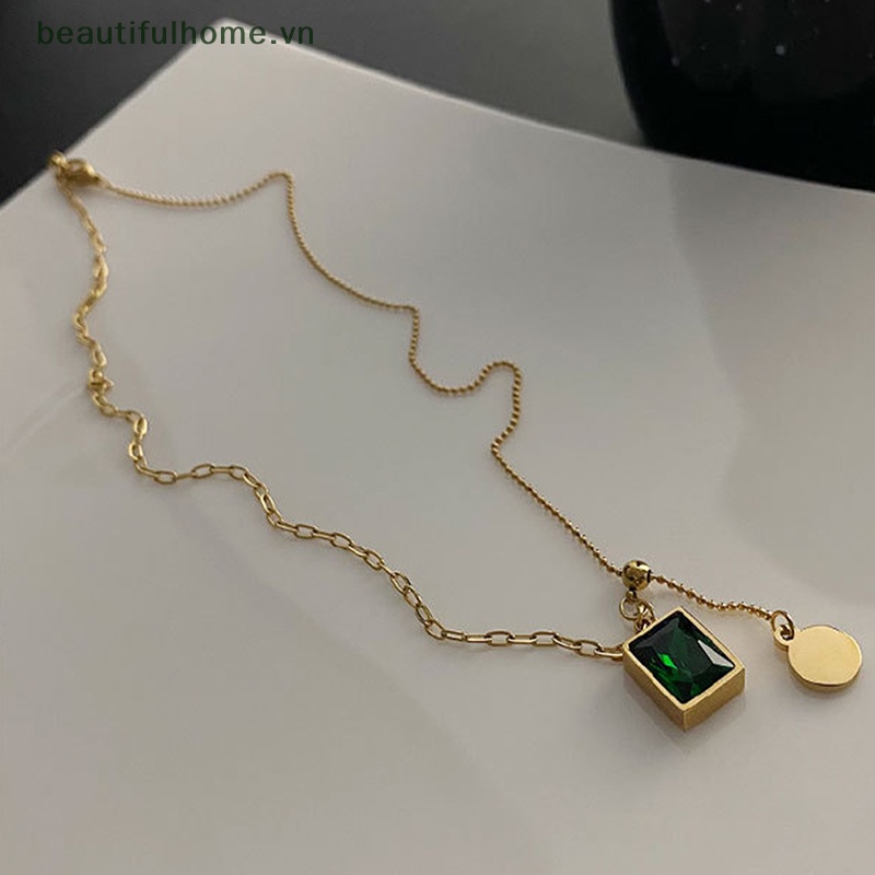 Vòng cổ Mặt Đá Xanh Lá Bằng Thép Không Gỉ Phong Cách Hip Hop Thời Trang Cho Nữ