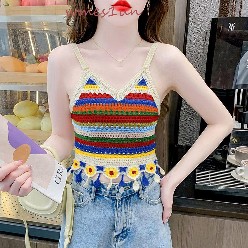 Áo Hai Dây Họa Tiết Kẻ Sọc Nhiều Màu Sắc Phong Cách Harajuku Độc Đáo WMES15H Cho Nữ