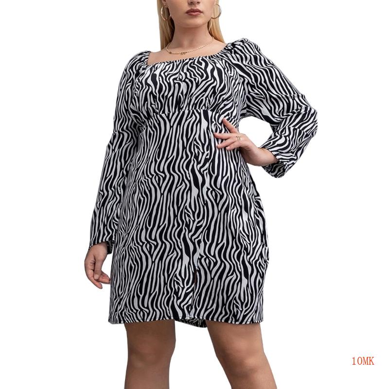 Đầm Midi Tay Dài Cổ Vuông Lưng Cao Họa Tiết Sọc Ngựa Vằn Phong Cách Vintage Cho Nữ