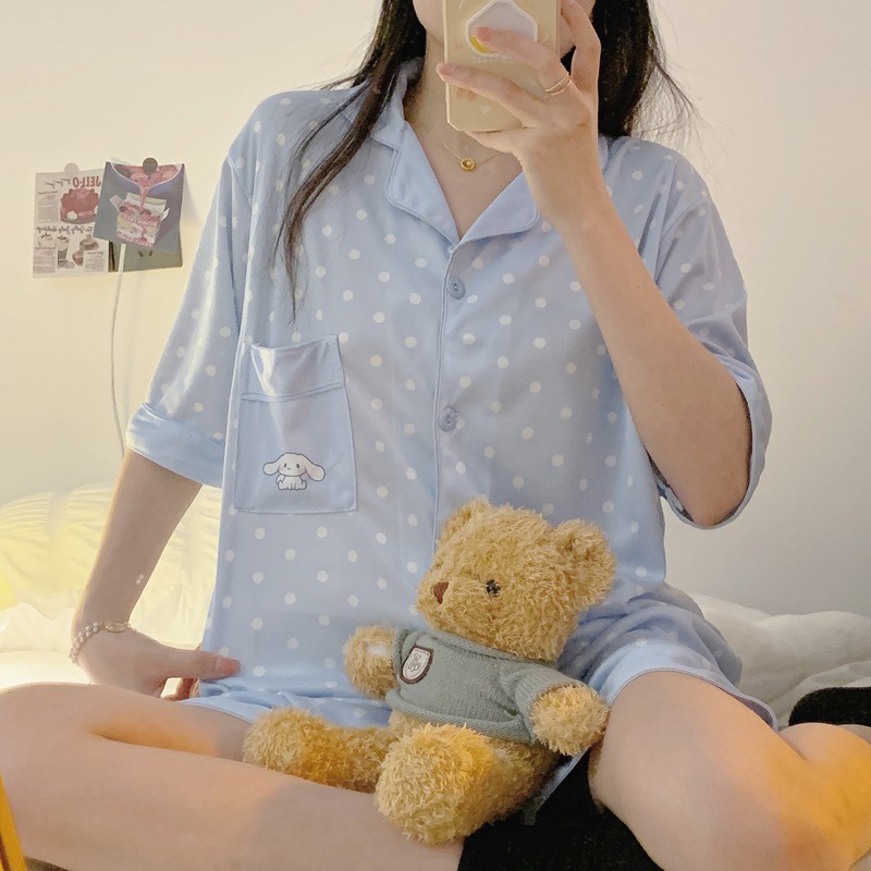 Bộ Đồ Ngủ Ngắn Tay Họa Tiết Chấm Bi Hoạt Hình Dễ Thương Dành Cho Nữ