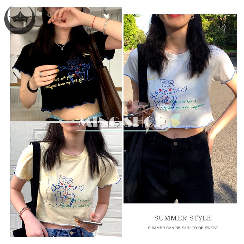 Áo Thun Croptop Tay Ngắn In Họa Tiết Dễ Thương Cho Nữ Y2K
