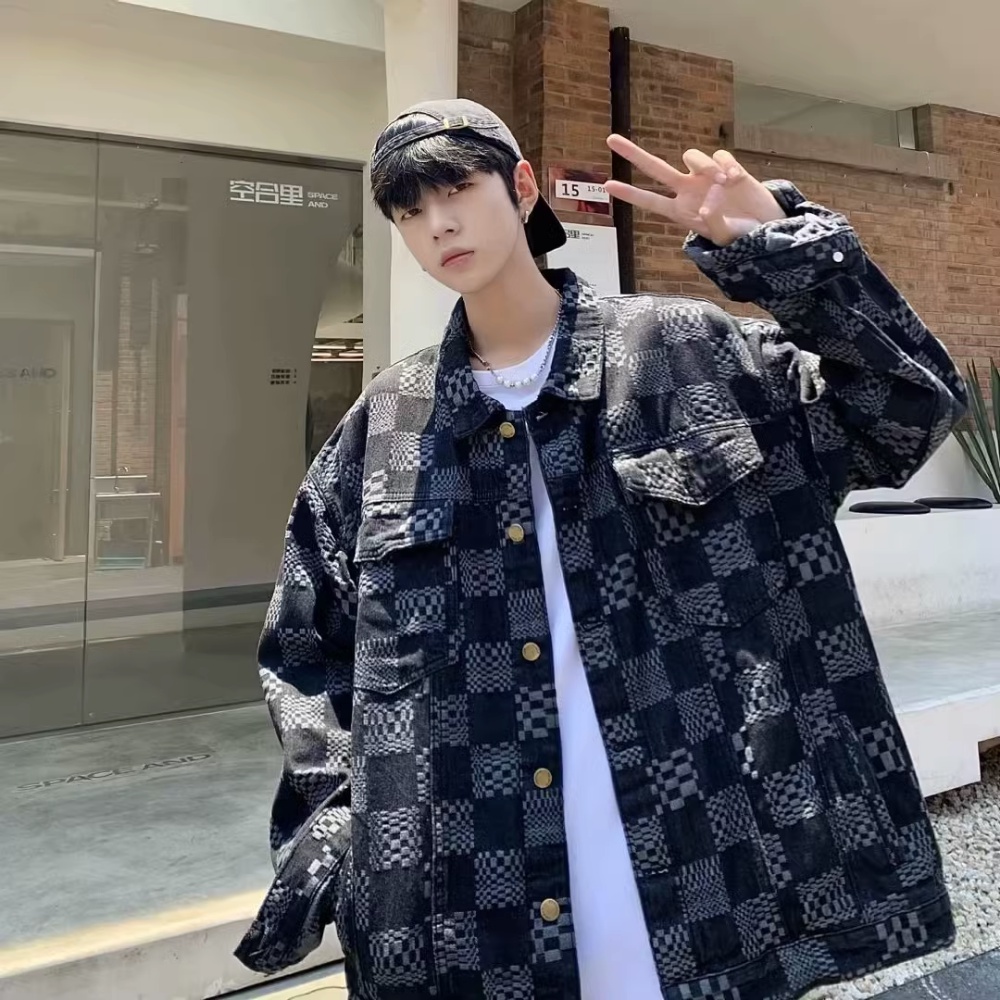Áo Khoác Denim Dáng Rộng Họa Tiết Kẻ Ô Đen Phong Cách Retro Nhật Bản Cho Nam Giới