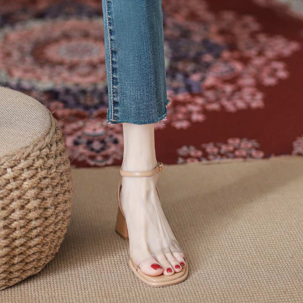 Duoya Tóc Thẳng ~ [Hàng Có Sẵn] Sandal Cao Gót Dây Da Mềm Trong Suốt Cảm Giác Màu Nude Đơn Giản Cho Nữ Miễn Phí Vận Chuyển