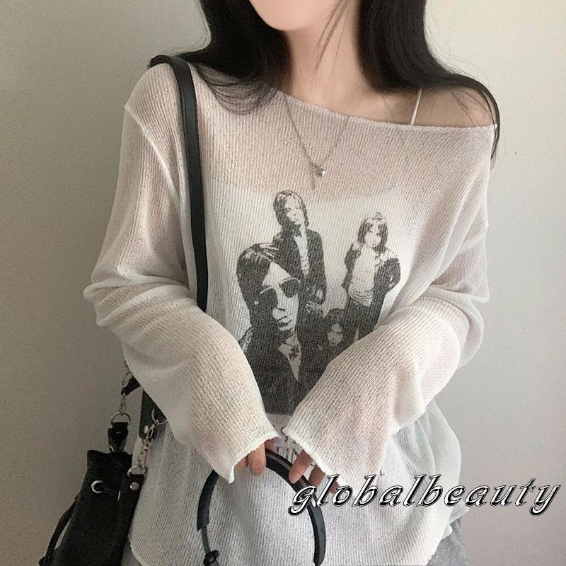 Áo Dệt Kim Mỏng Nhẹ Tay Dài Dáng Rộng In Họa Tiết Chân Dung Đơn Giản Dành Cho Nữ