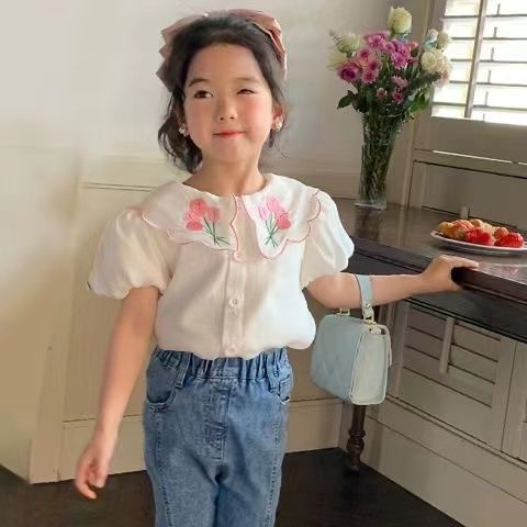 Áo Sơ Mi Trắng Cotton Tay Ngắn Thêu Hình Dành Cho Bé Gái Mùa Hè 2023 ，áo thun dài tay bé gái