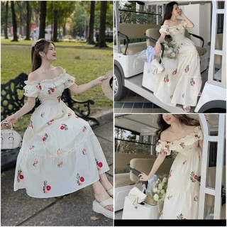 Đầm maxi đi biển bẹt vai dáng dài hoa vintage đẹp tựa nàng thơ - Tuấn Quân Shop