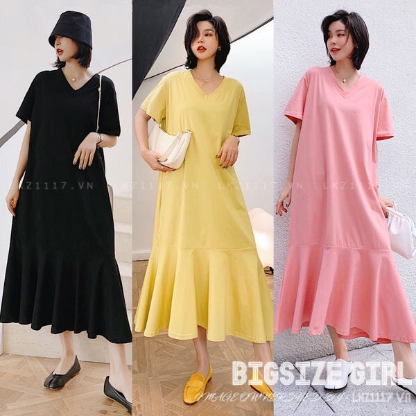 Đầm thun Bigsize Đầm bầu nữ Xuông tay ngắn cổ tròn mùa hè Phong cách Hàn Quốc Thời Trang tiểu thư cá tính xinh đẹp bigsizegiaree