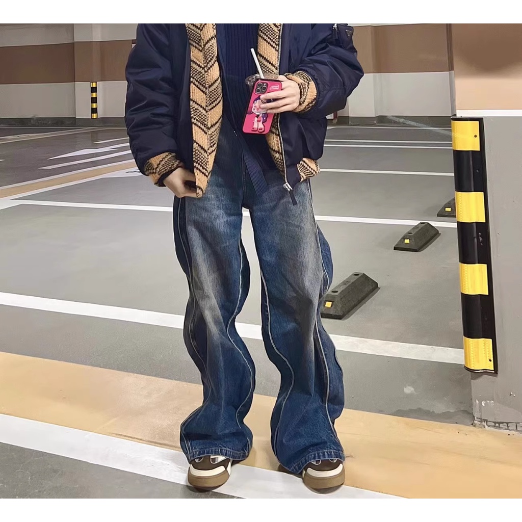 Wang Jiaer Quần Jean Dài Dáng Rộng Ống Đứng Họa Tiết Sóng Biển Đường Phố Mỹ Thời Trang Xuân Thu Cho Nam