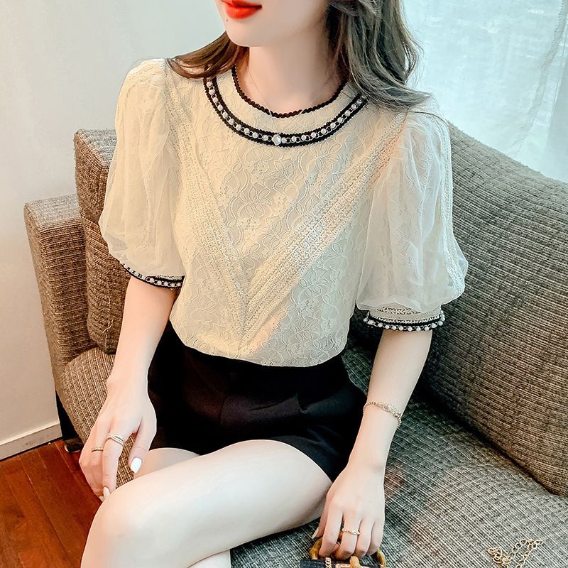 Áo Sơ Mi Tay Ngắn Phồng Phối Ren Đính Hạt Thời Trang Mùa Hè Cho Nữ