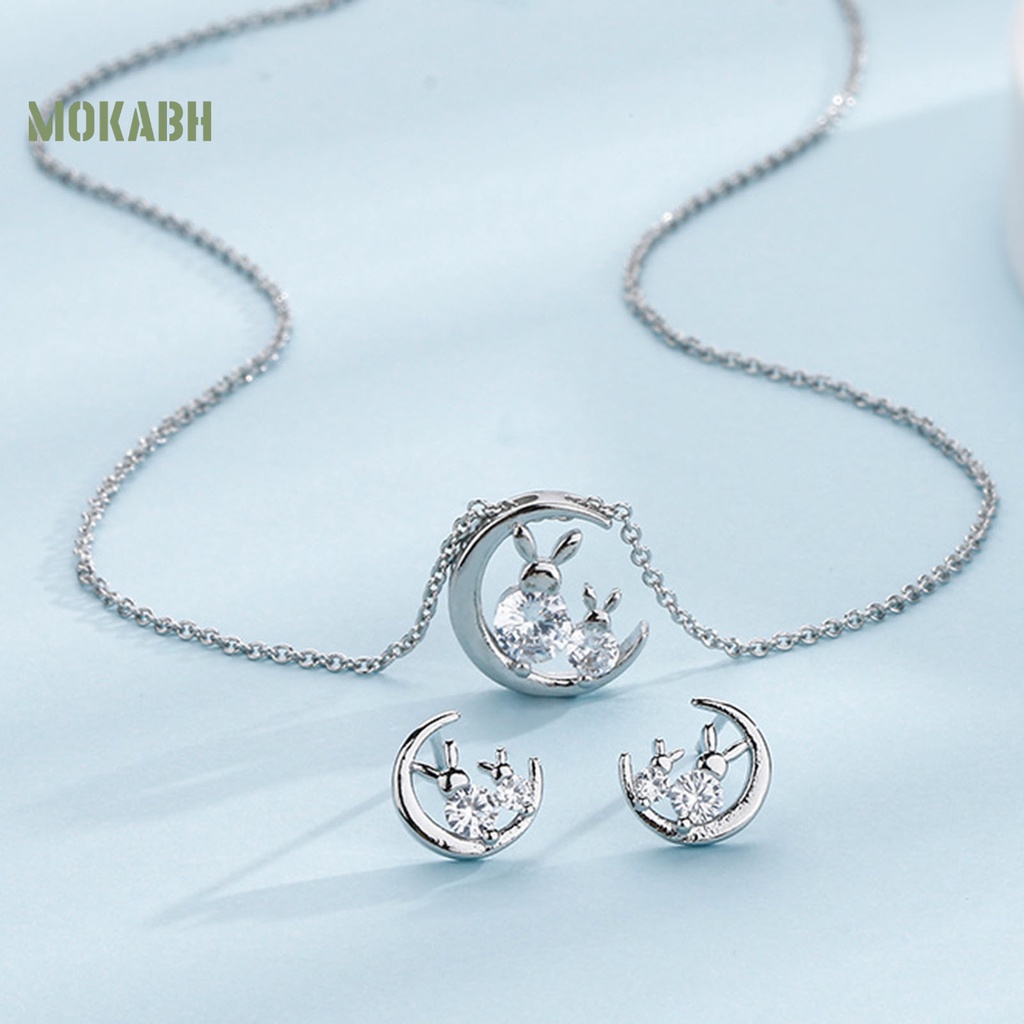 Bộ Vòng cổ + Bông Tai Đính Đá Hình Thỏ &amp; Mặt Trăng Kiểu Hàn Quốc