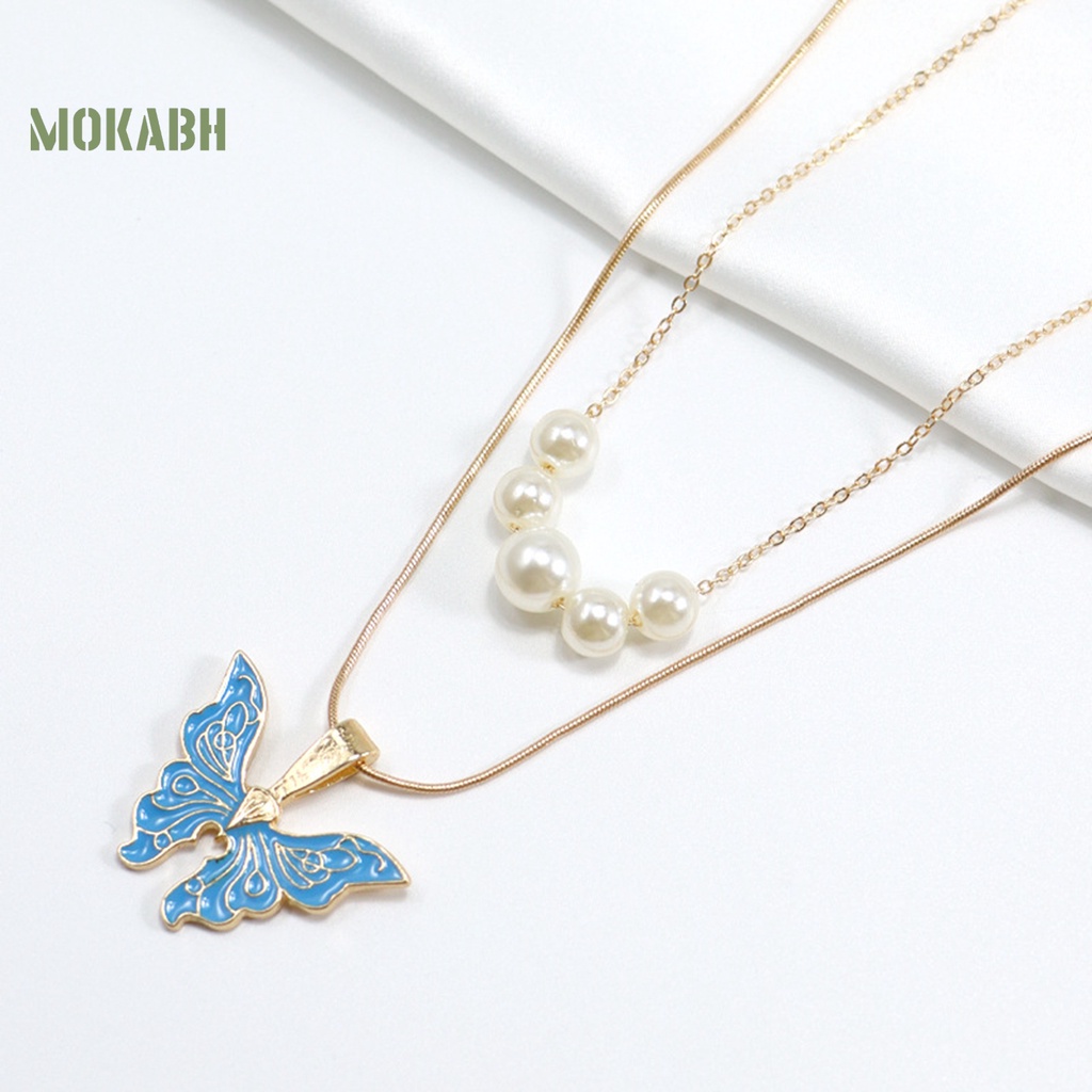 [Mok Abh] Vòng cổ Nhiều Lớp Mặt Hình Bướm Và Ngọc Trai Nhân Tạo Thời Trang Dành Cho Nữ