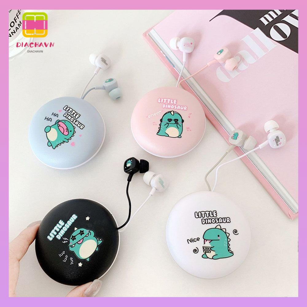 Tai Nghe Có Dây 3.5mm Kèm Hộp Đựng Hình Khủng Long Màu Trắng / Hồng / Đen / Xanh Dương