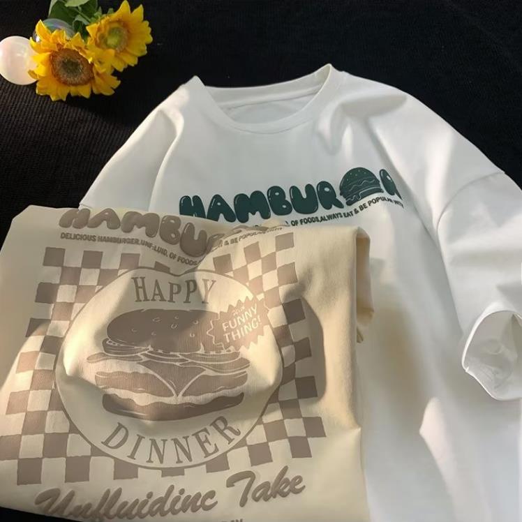 Áo Thun Tay Ngắn Cổ Tròn In Hình Burger Hoạt Hình Phong Cách Mỹ Thời Trang Mùa Hè Cho Nam Cỡ Lớn M-5XL