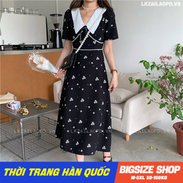 Đầm hoa nhí Bigsize Váy nữ dáng suông tay ngắn cổ bèo mùa hè Phong cách Hàn Quốc Thời Trang tiểu thư cá tính xinh đẹp cho người mập béo