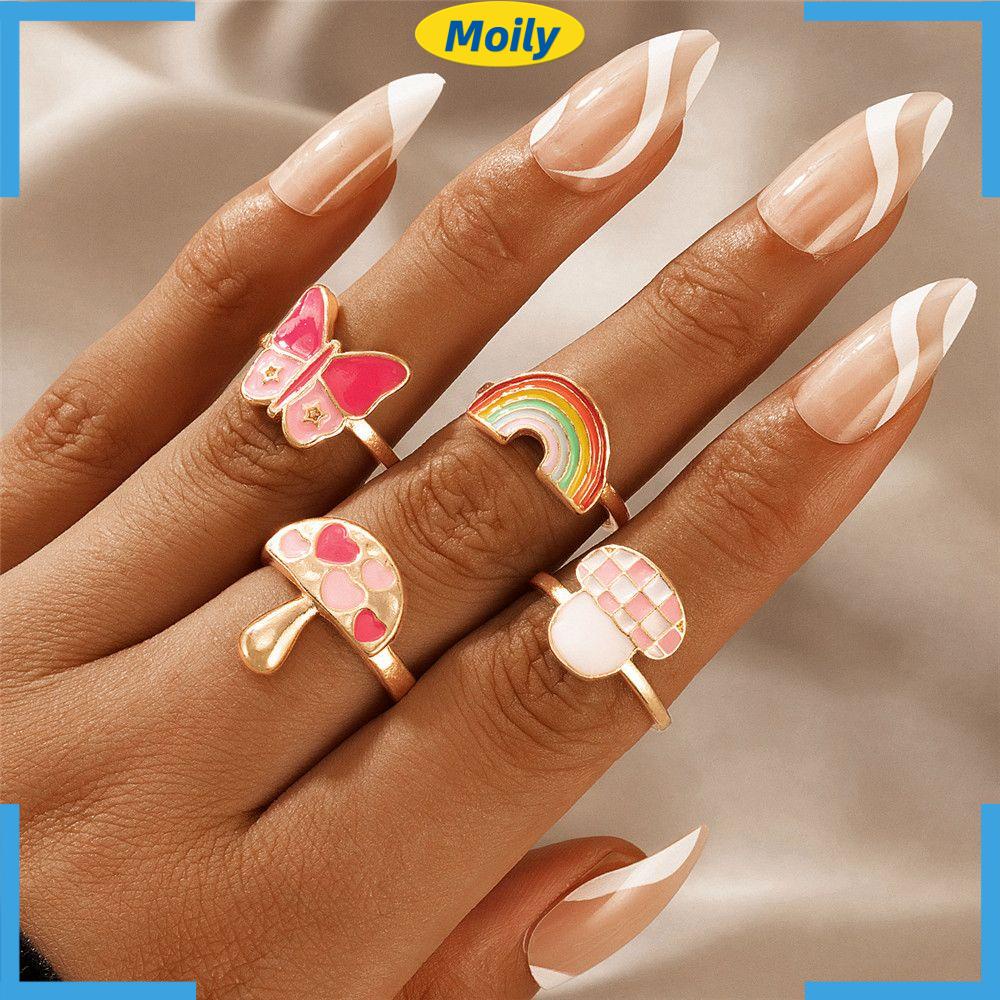 MOILYVN Set 4 Nhẫn Tráng Men Hình Trái Tim Và Bướm Thời Trang