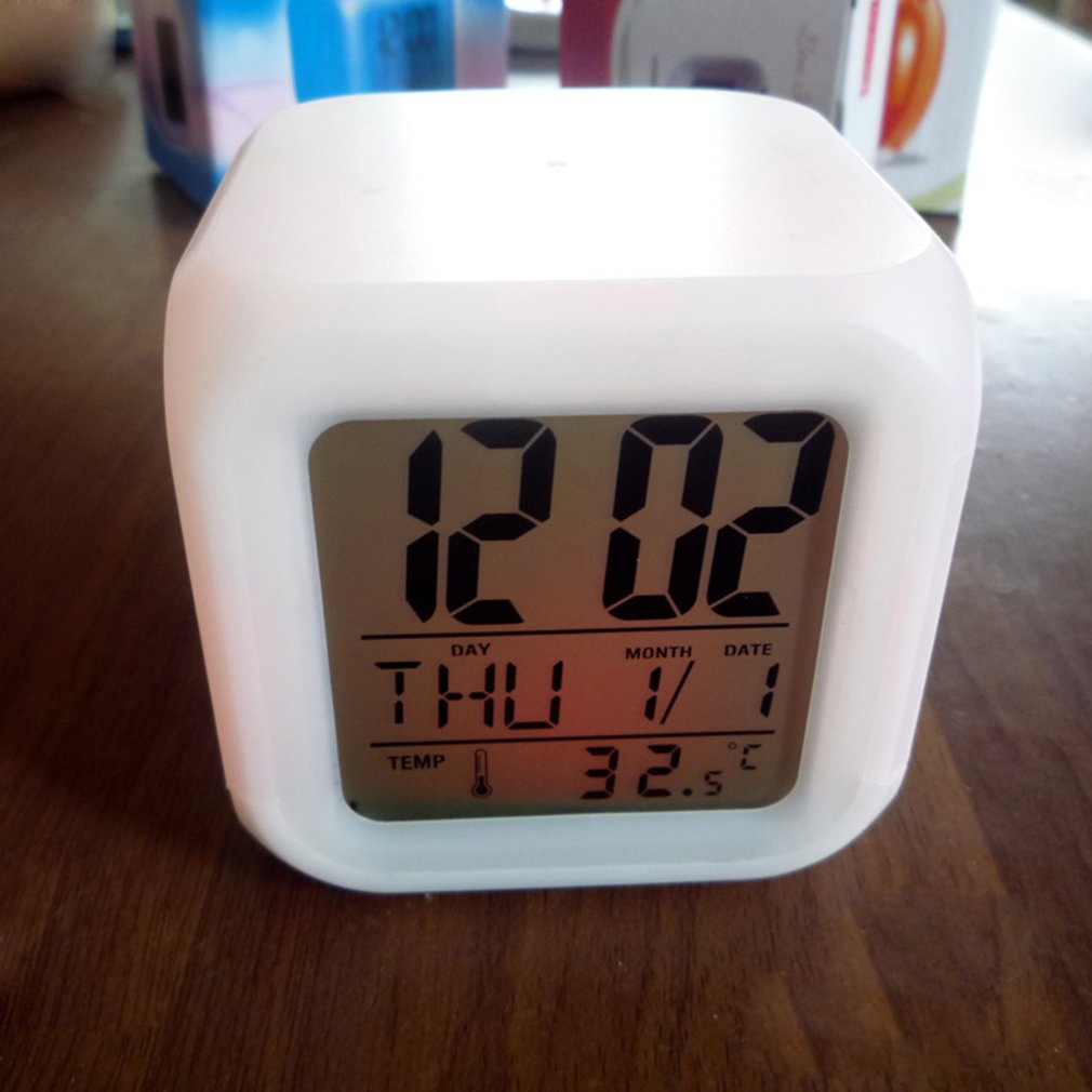 =Christmas=Portable 7 Colors Change Square Digital Alarm Clock with LCD Screen Home Use