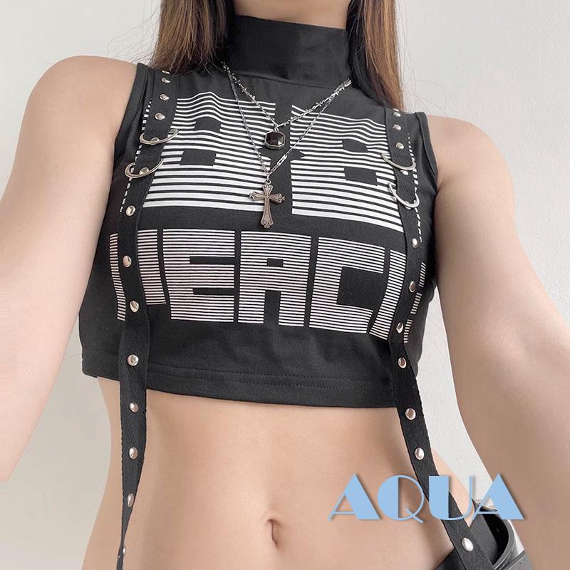 Áo Croptop Sát Nách Cổ Lọ Phối Ruy Băng In Chữ Phong Cách Hip Hop Thời Trang Mùa Hè Cho Nữ