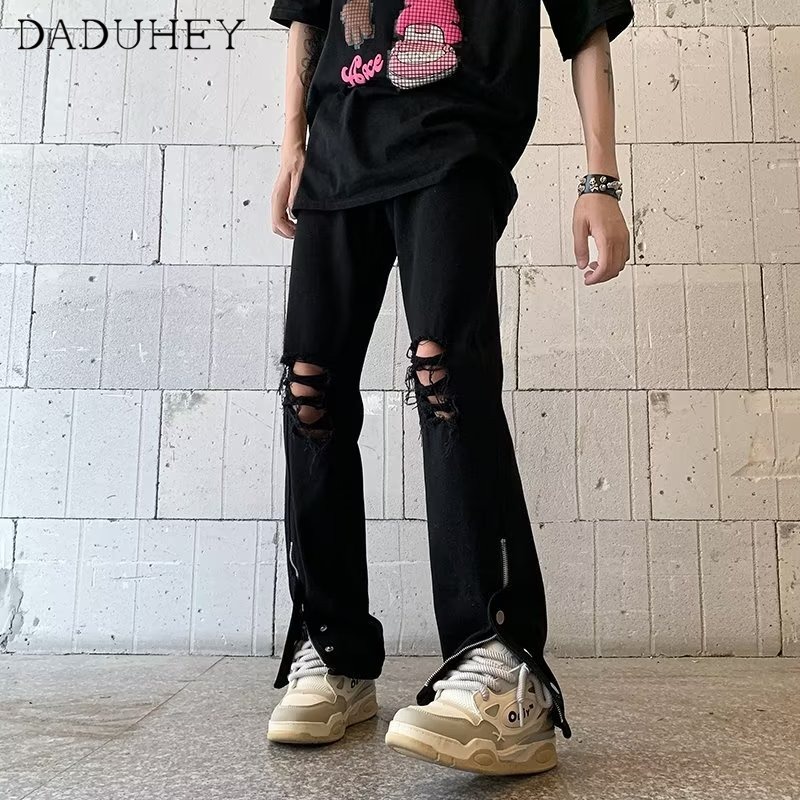 Quần jean nữ DADUHEY dáng dài suông cạp cao kiểu rách thời trang hip hop đường phố cao cấp Mỹ