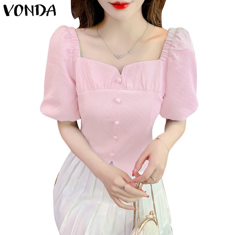 Vonda Áo Sơ Mi Tay Phồng Cổ Vuông In Chữ Thời Trang Hàn Quốc Cho Nữ