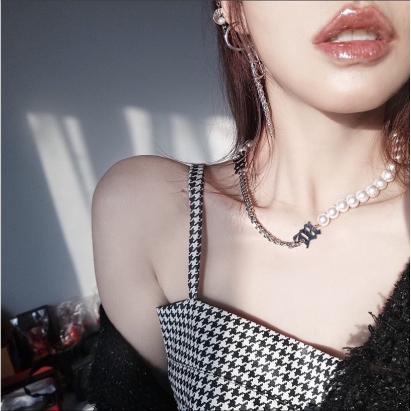 Vòng cổ Chuỗi Ngọc Trai Khắc Chữ Phong Cách Punk Hip Hop Sáng Tạo Có Thể Điều Chỉnh Dành Cho Cặp Đôi