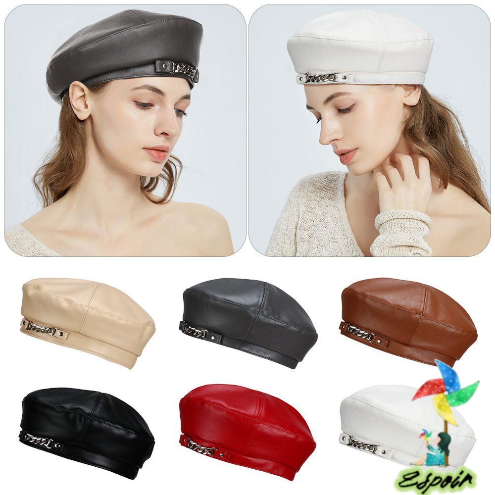 ESPO Mũ Beret Màu Trơn Phối Dây Xích Kim Loại Thời Trang Cá Tính Cho Nam