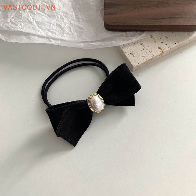 Dây Cột Tóc Cao Su Co Giãn Đính Hạt Ngọc Trai Giả Màu Đen Đơn Giản