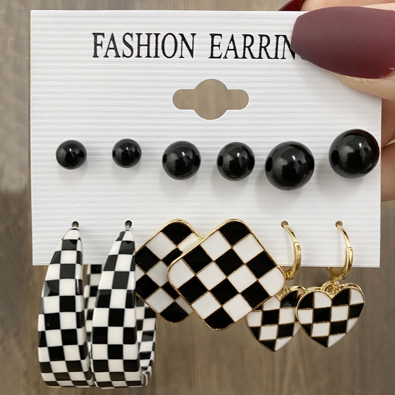 Ygt Set 6 Cặp Bông Tai Kim Loại Acrylic Họa Tiết Hình Học / Trái Tim / Hình Học Màu Trắng Đen Thanh Lịch