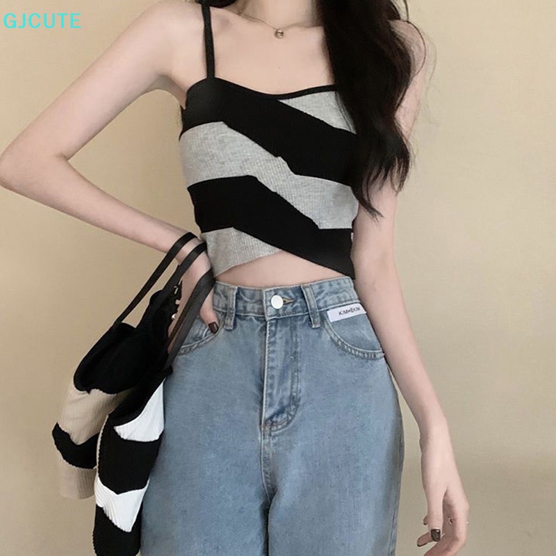 Áo Croptop Dệt Kim Không Tay Dáng Ôm Họa Tiết Kẻ Sọc Màu Sắc Thời Trang Mùa Hè Quyến Rũ Cho Nữ