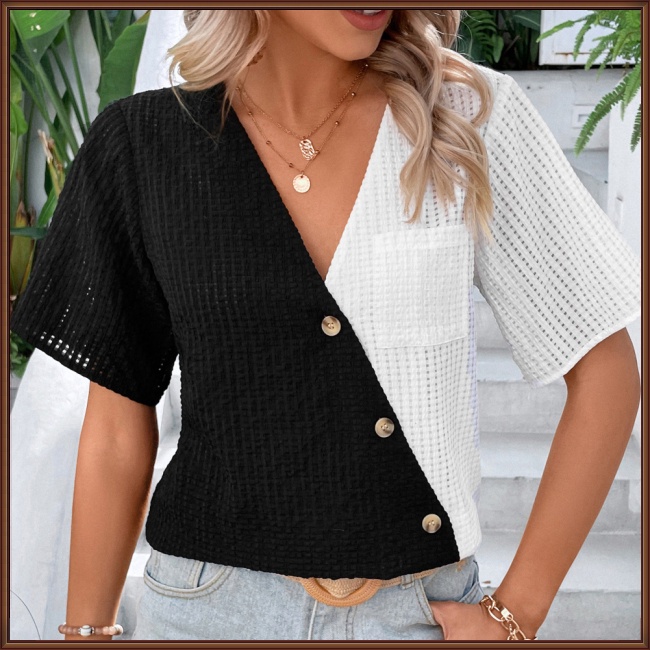 Áo Dệt Kim Tay Ngắn Cổ Chữ V Màu Sắc Tương Phản Thời Trang Cho Nữ