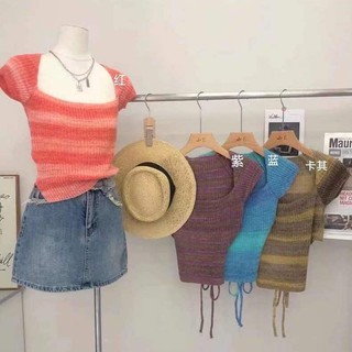 Milyfashion Áo Dệt Kim Ngắn Tay Cổ Vuông Khoét Sâu Hở Vai Eo Thấp Màu Xanh Dương Cho Nữ