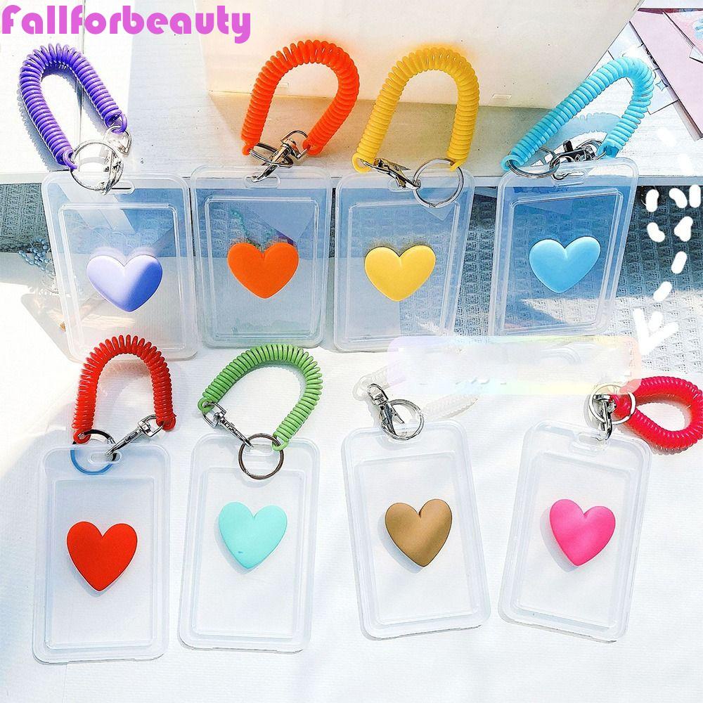 FALLFORBEAUTY Bao Đựng Thẻ Bằng Nhựa Trong Suốt Họa Tiết Trái Tim Phong Cách Hàn Quốc Kèm Móc Khóa Xinh Xắn