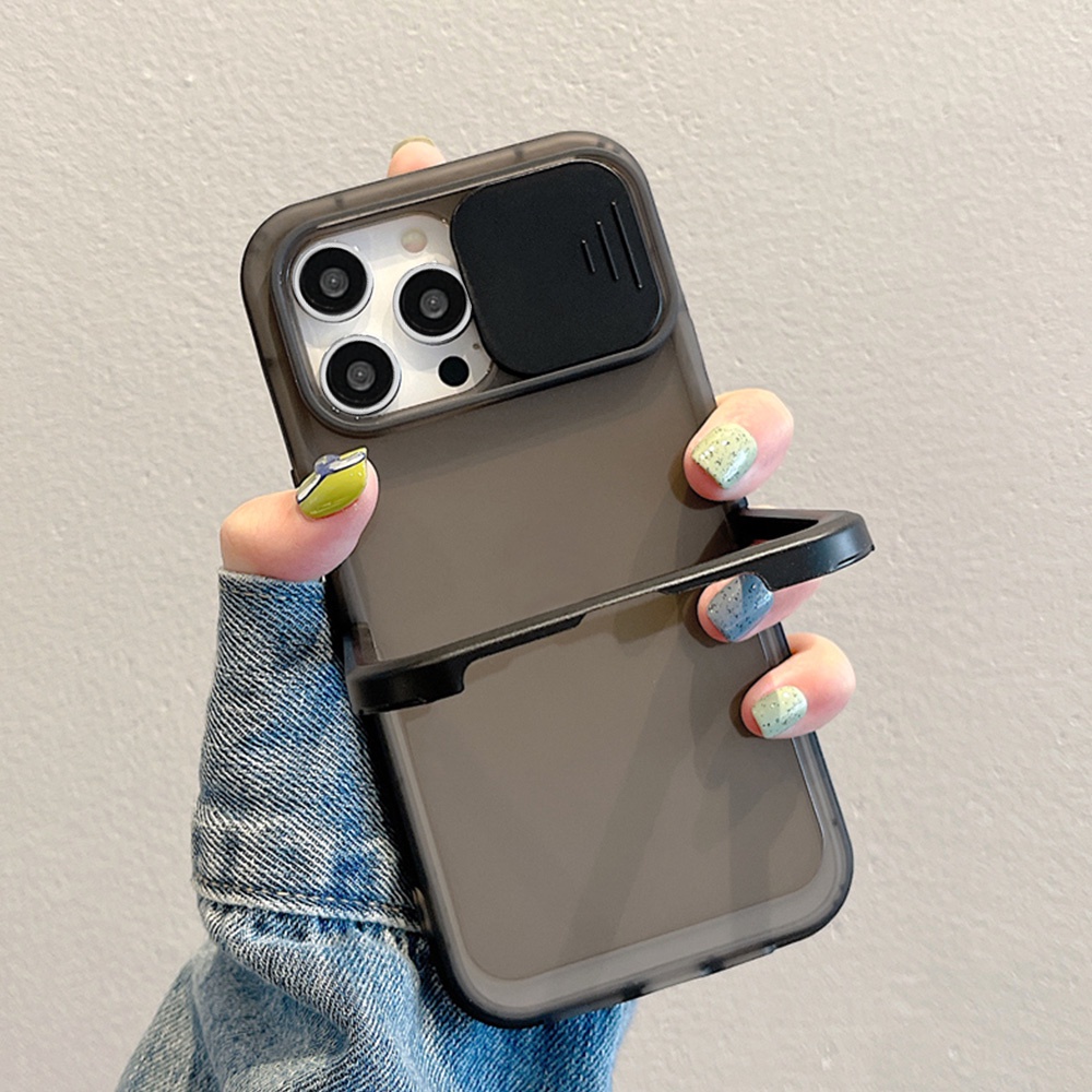 Ốp Điện Thoại TPU Mềm Màu Trơn Có Giá Đỡ Dạng Đẩy Chống Sốc Bảo Vệ Ống Kính Máy Ảnh Cho IPhone 11 12 13 14 Pro Max