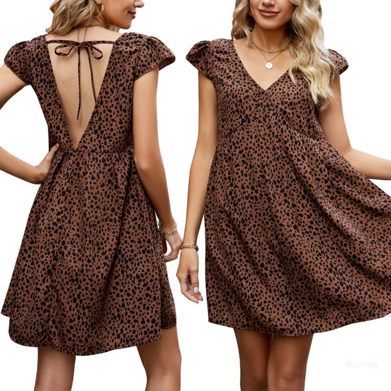 Đầm Chữ A Ngắn Tay Viền Bèo Rũ In Họa Tiết Da Báo Thời Trang Mùa Hè Cho Nữ
