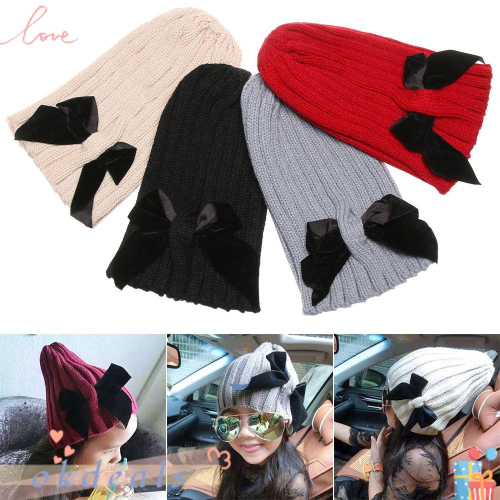 OKDEALS Mũ Len Màu Trơn Đính Nơ Thời Trang Cho Nữ