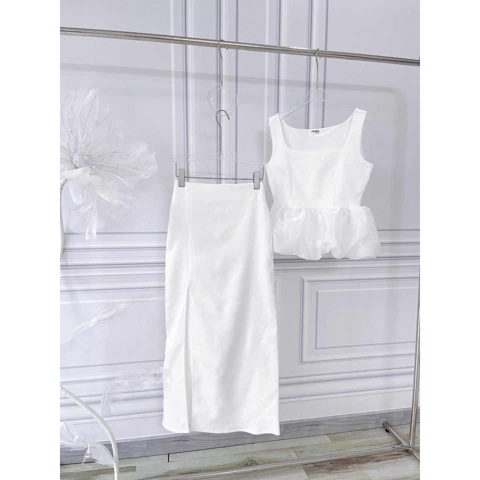 Set áo bí chân váy midi trắng 💖 KÈM ẢNH THẬT