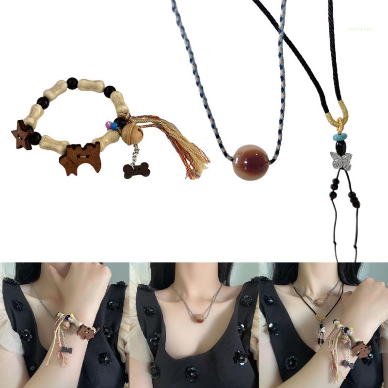 Vòng cổ Choker Hai Lớp Mặt Gỗ Họa Tiết Bướm Phong Cách Bohemian Dành Cho Nữ