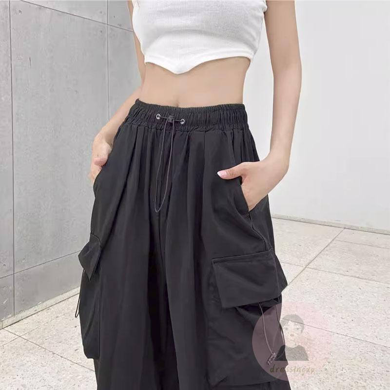 Quần ống rộng Lưng Thun Màu Trơn Phối Túi Cá Tính Cho Nữ