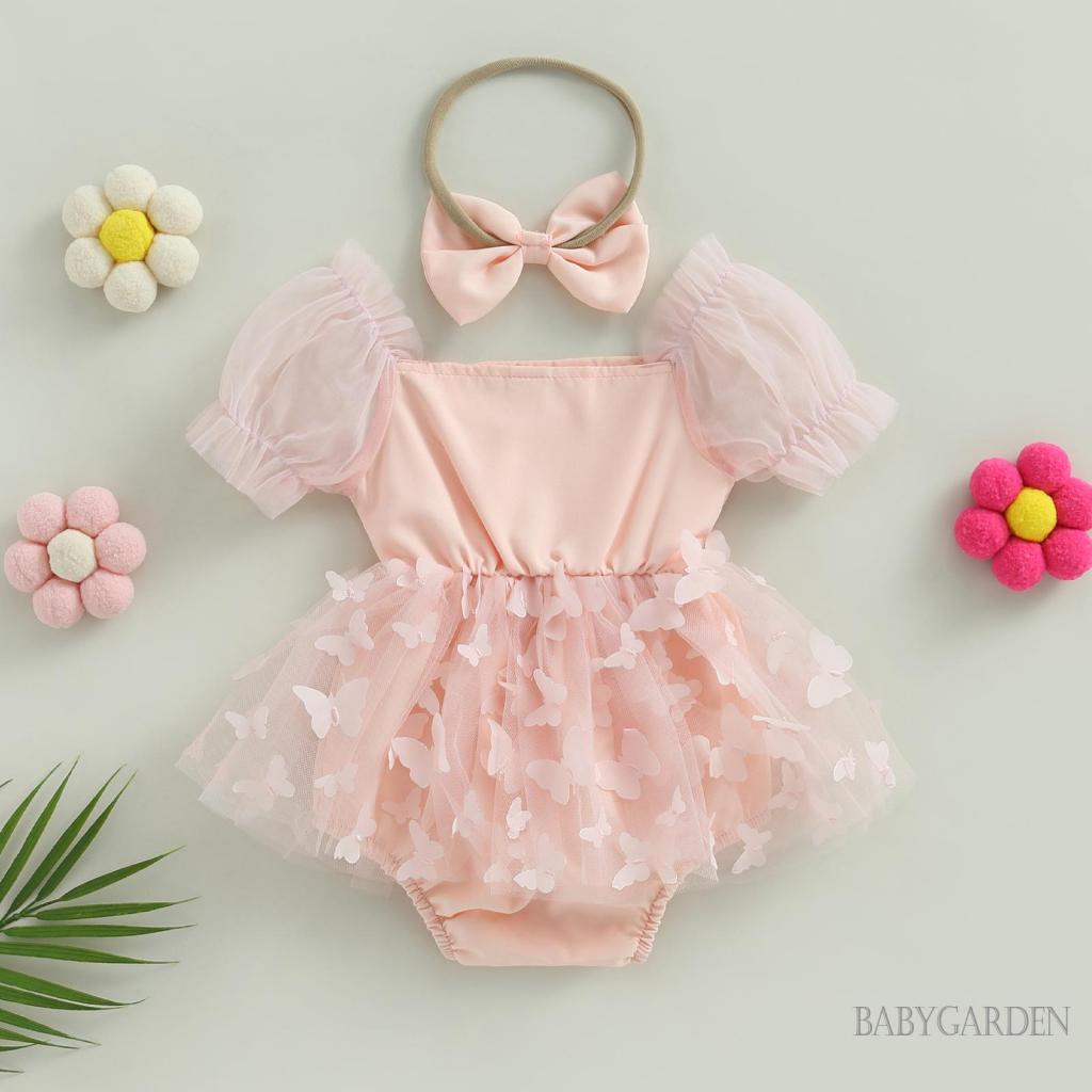 Bộ Áo Liền Quần Tay Phồng In Họa Tiết Bươm Bướm Kèm Băng Đô Dành Cho Bé Gái