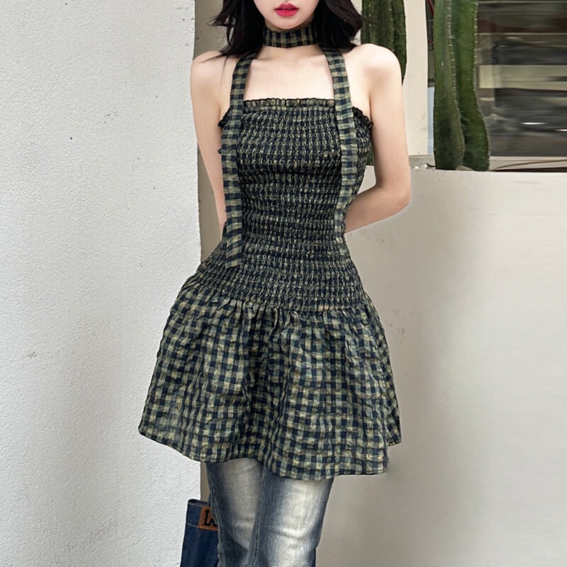 Kliou Đầm Ngắn Dáng Ôm Hở Vai Họa Tiết Kẻ Ô Thời Trang 2023