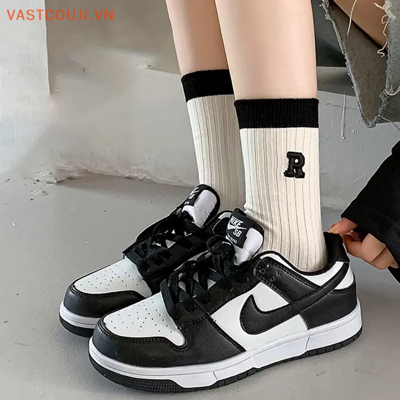 1 Đôi Vớ Cotton Thấm Hút Mồ Hôi Họa Tiết Kẻ Sọc Trắng Đen Thời Trang Mùa Hè Cho Nữ