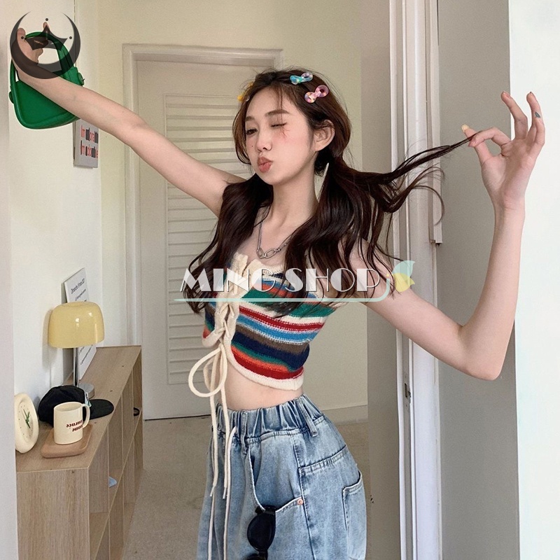 Áo Hai Dây Dệt Kim Kẻ Sọc Nhiều Màu Sắc Gợi Cảm Cho Nữ