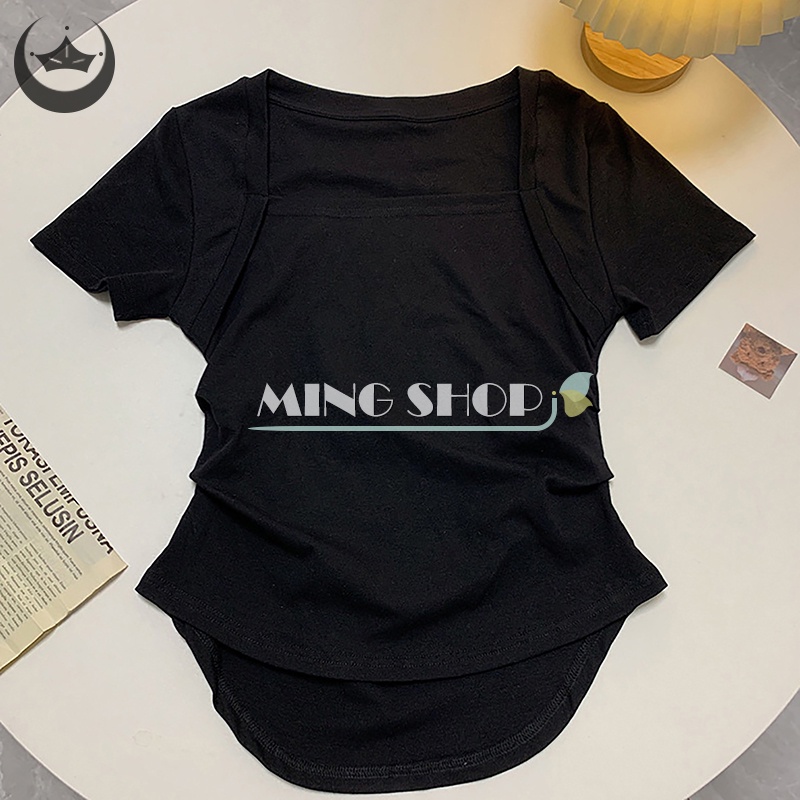 Áo Croptop Tay Ngắn Cổ Vuông Màu Sắc Đơn Giản Cho Nữ