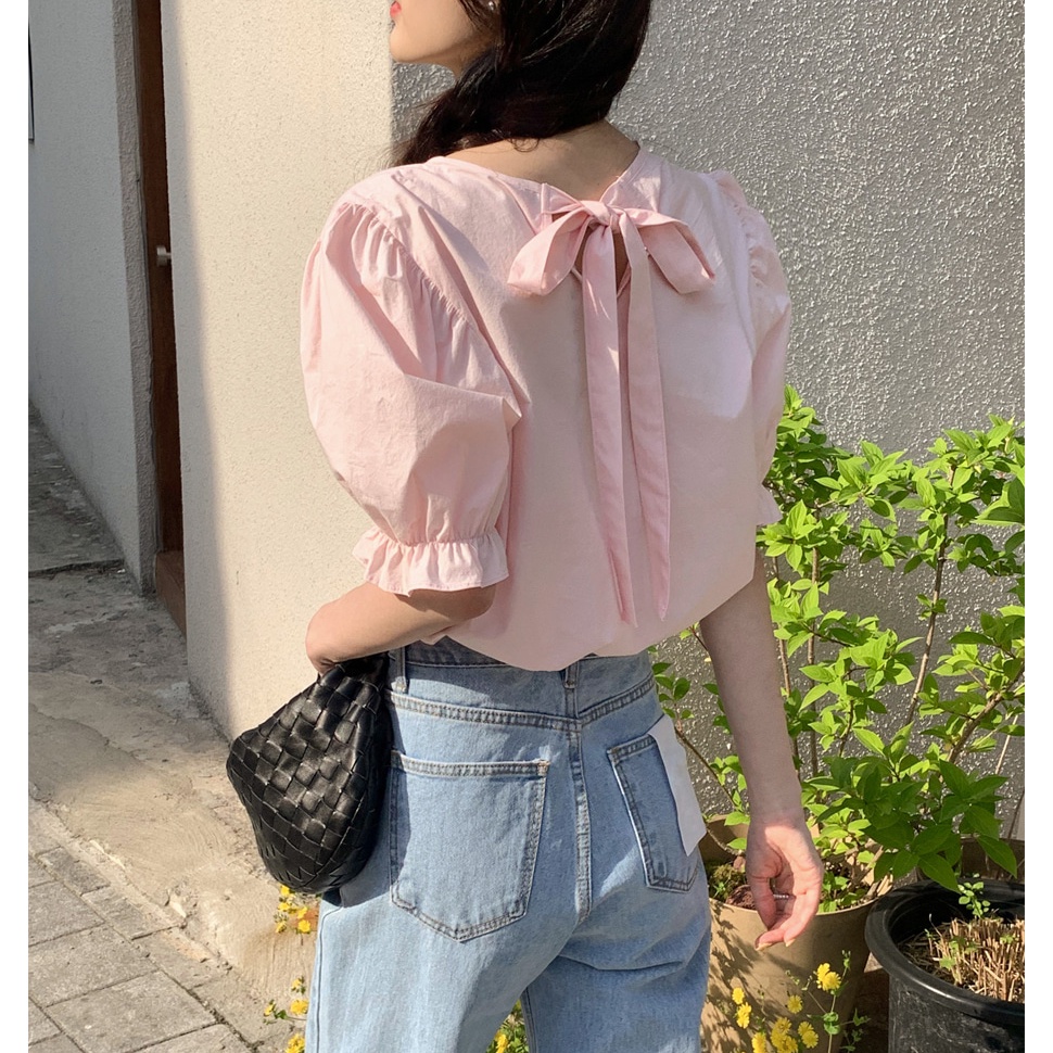 SUXI Áo Sơ Mi Tay Phồng Ngắn Màu Sắc Ngọt Ngào Phong Cách Hàn Quốc