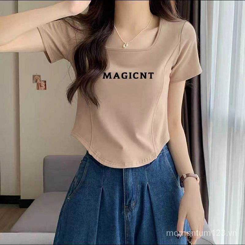 Áo Thun Cotton Mỏng Cổ Vuông Viền Cong Tay Ngắn Thời Trang Mùa Hè 2023 Cho Nữ